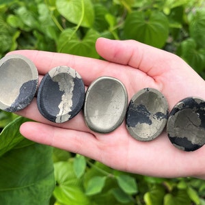 May include: Five smooth, polished pyrite palm stones, each with a unique pattern of black and gold. The stones are arranged in a row on a hand, with the largest stone at the left and the smallest at the right.