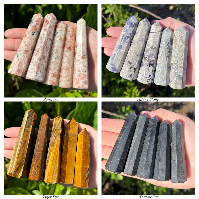 May include: Four sets of four polished crystal towers. The first set features peach and white sunstone. The second set displays mottled purple and white tiffany stone. The third set shows golden-brown tiger eye. The fourth set consists of black tourmaline.