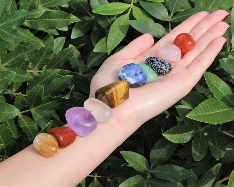 Beginners Crystal Kit, 10 pcs In Velvet Pouch - Most Popular Tumbled Crystals (Chakra Protection Healing Sets) 