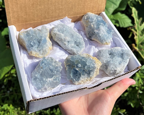 Natural Celestite Clusters Box: 10 - 15 Small Pieces or 6 - 8 LARGE Pieces ('A' Grade Celestite Crystals, Blue Celestite Geodes)