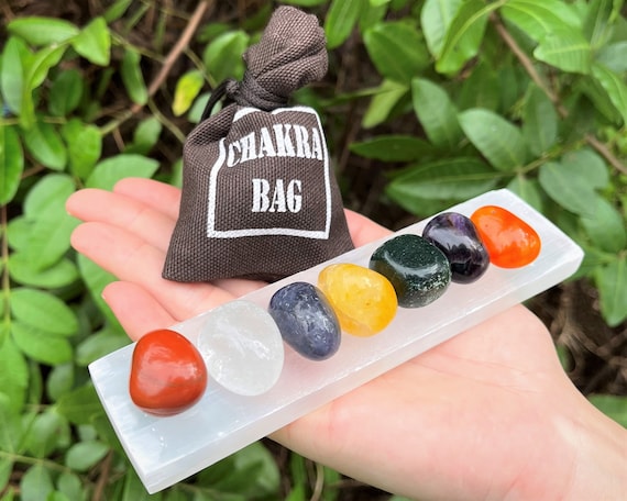 7 Tumbled Gemstones Chakra Set, Carry Pouch & 6" Polished Selenite Charging Station Crystal Plate (7 Chakra Bag, Reiki)