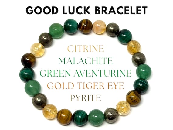 Good Luck Bracelet - Citrine, Gold Tiger Eye, Malachite, Green Aventurine, & Pyrite 8mm Round Crystals