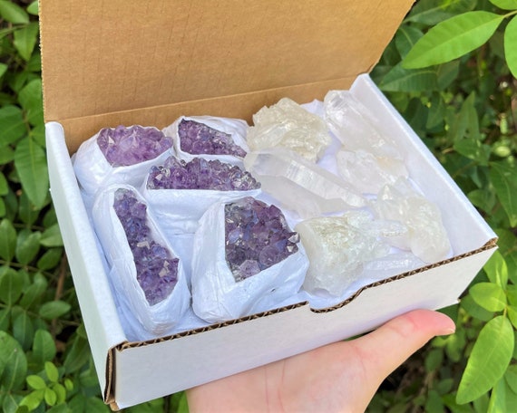 Amethyst & Clear Quartz Crystal Cluster Collection Box: 8 - 14 Piece Wholesale Bulk Lot (Natural Geodes, Raw Crystal Druze)