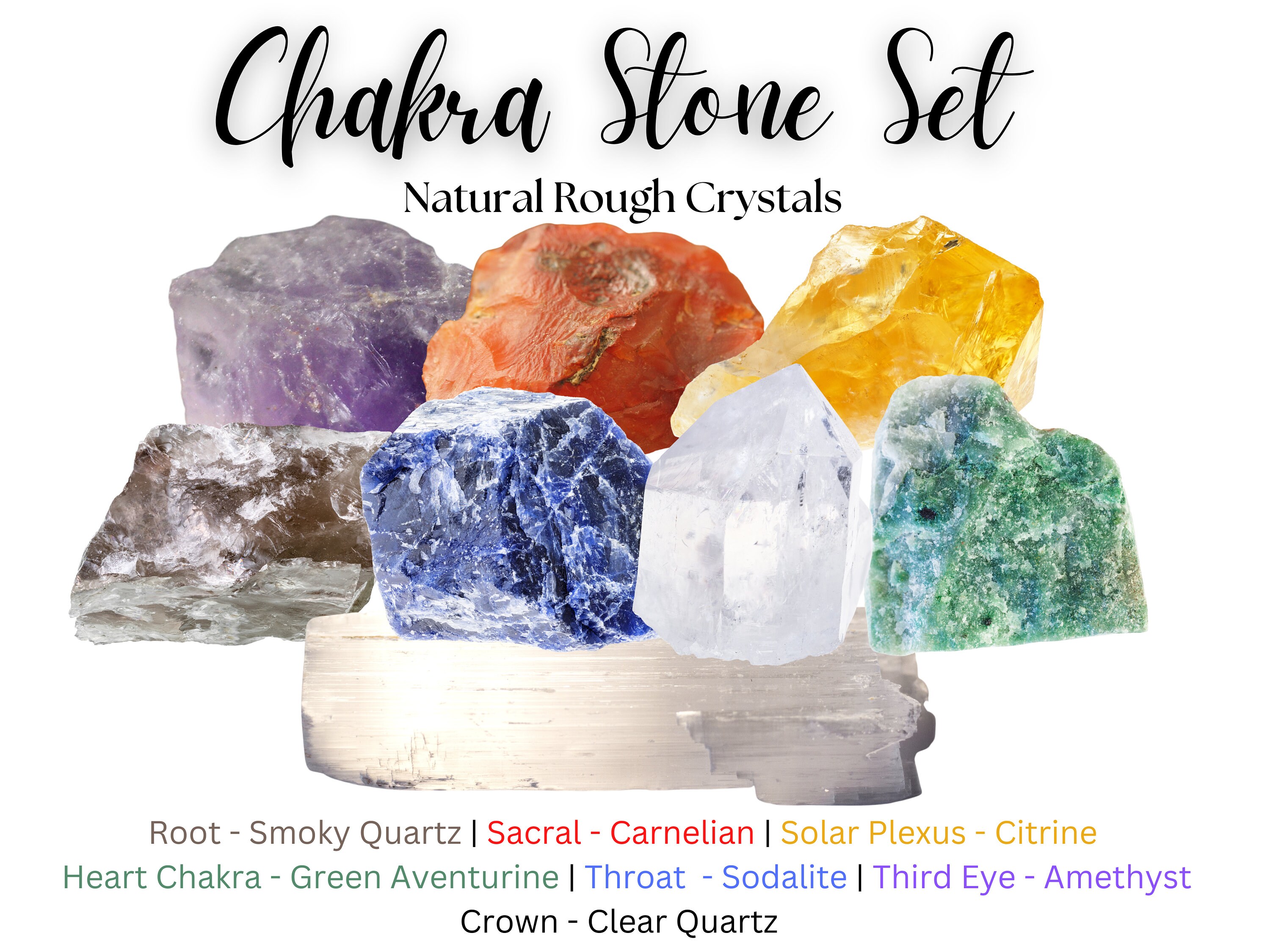 Seven Chakra Stones Set Stone Guide and Bag Hand Carved 