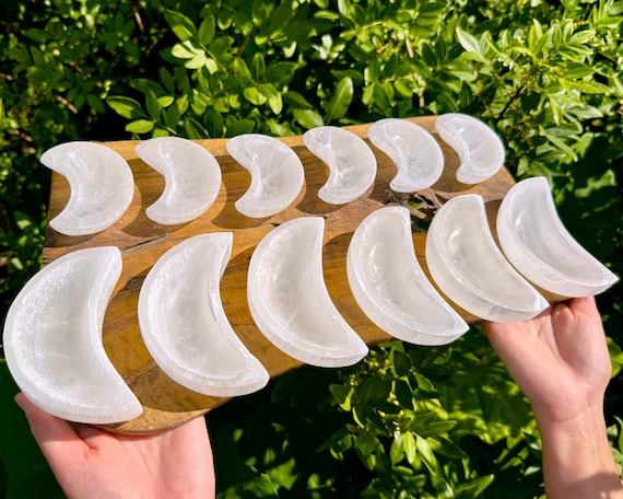 Selenite Moon Charging Bowl, 2.75" or 4" Moon Shaped Offering Bowl - Choose Size & Amount (Selenite Cleansing Bowl, Charging + Purification)