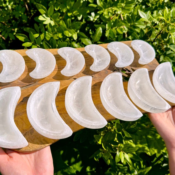 Selenite Moon Charging Bowl, 2.75" or 4" Moon Shaped Offering Bowl - Choose Size & Amount (Selenite Cleansing Bowl, Charging + Purification)