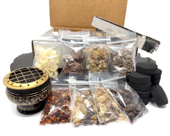 Resin Incense Starter Kit - Set of 8 Resin Sampler, Brass Burner, Charcoal Tablets & Metal Tong (Meditation and Ritual Kit)