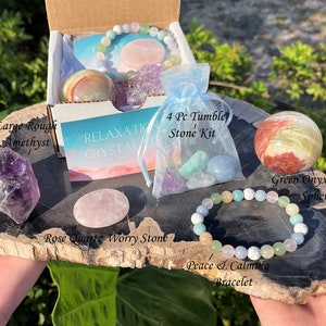 Peace & Calming Crystal Box - Bracelet, Worry Stone, Crystal Sphere, Tumble and Rough Stones Combo Box (CRAZY VALUE, Relaxation Crystals)