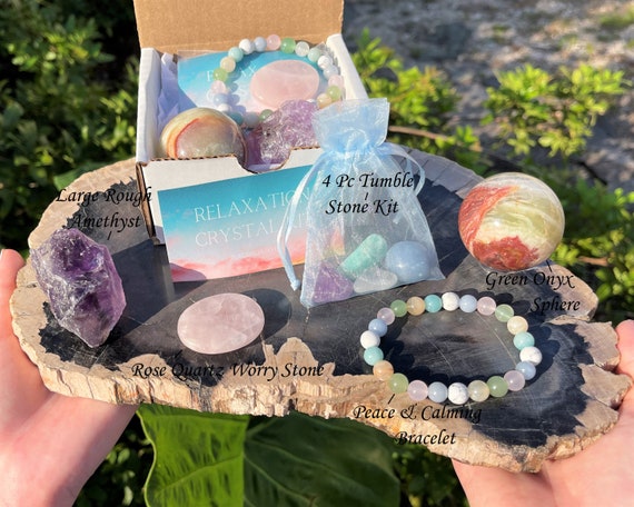 Peace & Calming Crystal Box - Bracelet, Worry Stone, Crystal Sphere, Tumble and Rough Stones Combo Box (CRAZY VALUE, Relaxation Crystals)