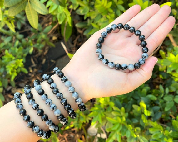 Snowflake Obsidian Bead Bracelet: 8 mm Round Crystals (Snowflake Obsidian Stretch Bracelet, Obsidian Bracelet, Gift)