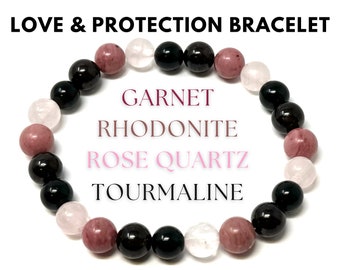 Love & Protection Bracelet: Rose Quartz, Garnet, Rhodonite and Black Tourmaline 8 mm Round Crystals (Stretch Bracelet, Gemstone Bracelet)
