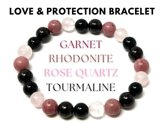 Love & Protection Bracelet: Rose Quartz, Garnet, Rhodonite and Black Tourmaline 8 mm Round Crystals (Stretch Bracelet, Gemstone Bracelet)