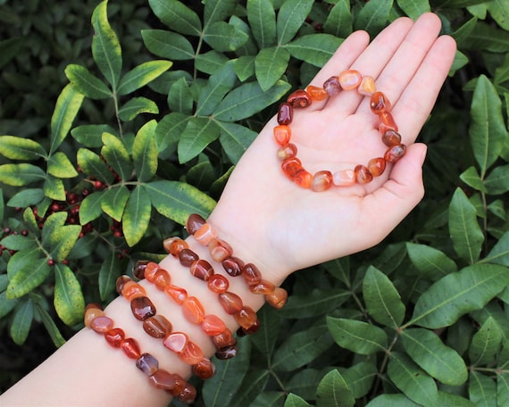 Carnelian Tumbled Gemstone Bracelet: 6-8 mm Stones (Premium Grade Stretch Nugget Bracelet)