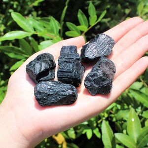 May include: A collection of five black tourmaline crystals, also known as schorl, in various shapes and sizes. The crystals are raw and unpolished, with a natural, rough texture.
