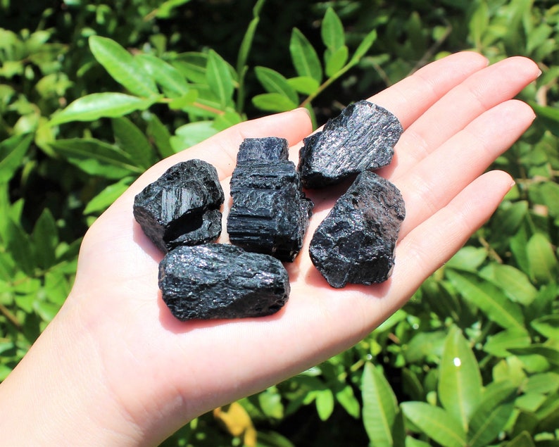 May include: A collection of five black tourmaline crystals, also known as schorl, in various shapes and sizes. The crystals are raw and unpolished, with a natural, rough texture.