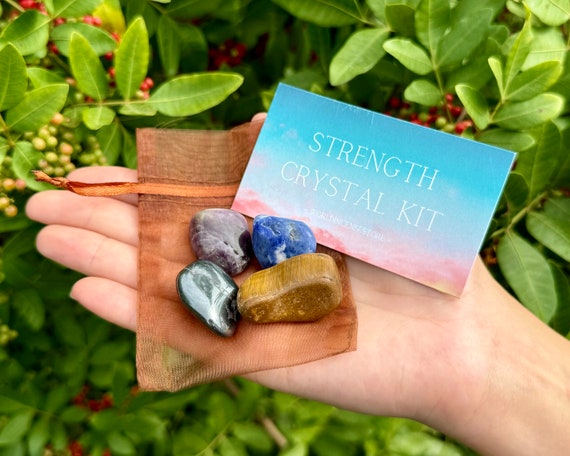 Strength Crystal Kit, 4 pcs In Organza Pouch - Most Popular Tumbled Crystal Gift Kits (Powerful Chakra Protection Healing Sets)