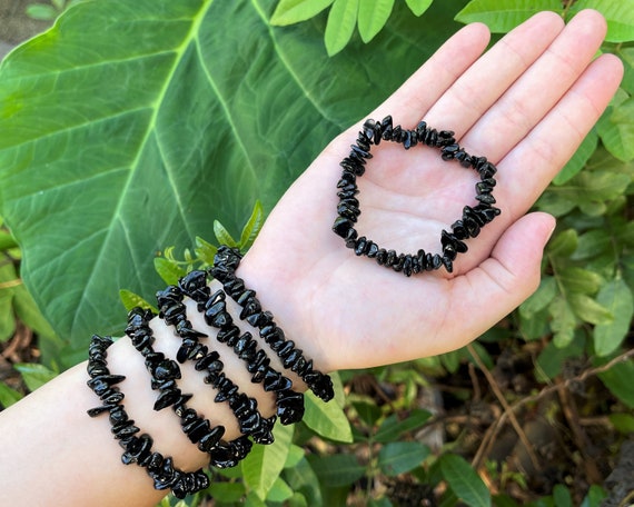 Black Tourmaline Chip Bracelet (Premium Grade Stretch Chip Bracelet, Protection Bracelet)