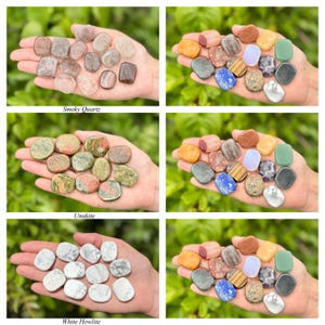 May include: A collection of polished gemstones, including smoky quartz, unakite, and white howlite, displayed in open hands against a green background. The gemstones vary in color, from translucent grays to greens, reds, and whites. The image includes text labels for each stone type.