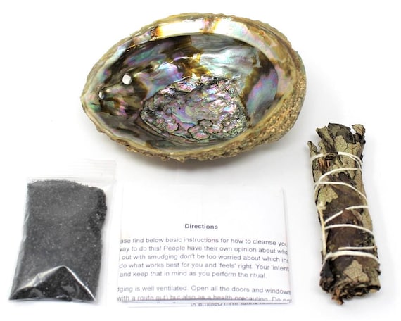 Large Abalone Shell & Yerba Santa Kit - Natural Abalone Shells, Black Salt - Incense Holder