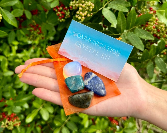 Communication Crystal Kit, 4 pcs In Organza Pouch - Most Popular Tumbled Crystal Gift Kits (Chakra Protection Healing Sets)