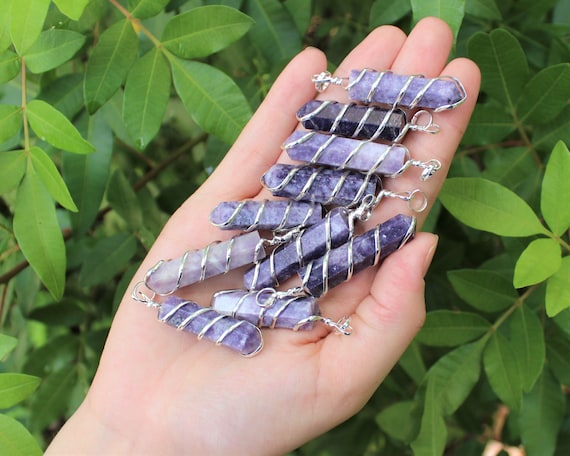 Lepidolite Spiral Wire Wrapped Point Pendant / Necklace (Lepdiolite Point Pendant, Crystal Pendant, Coil Wire Wrapped Lepidolite Necklace)