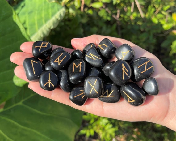 Black Agate Rune Stone Set with Velvet Storage Pouch (Set of 25 Elder Futhark Runes)