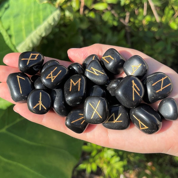 Black Agate Rune Stone Set with Velvet Storage Pouch (Set of 25 Elder Futhark Runes)