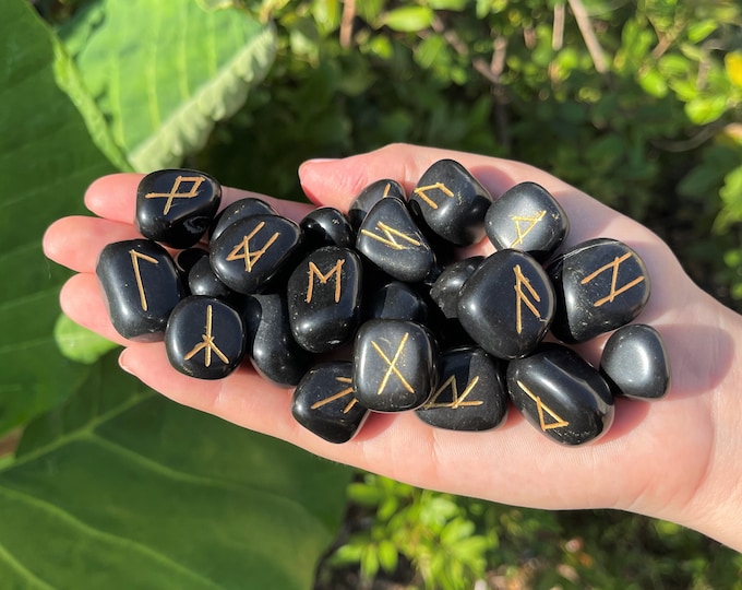 Black Agate Rune Stone Set with Velvet Storage Pouch (Set of 25 Elder Futhark Runes)