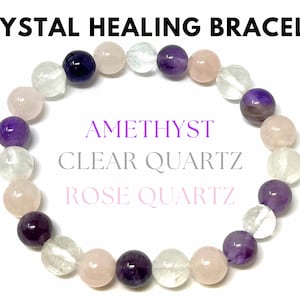 Crystal Healing Bracelet: Amethyst, Clear Quartz, & Rose Quartz Combo 8 mm Round Healing Crystals