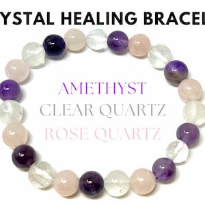 Crystal Healing Bracelet: Amethyst, Clear Quartz, & Rose Quartz Combo 8 mm Round Healing Crystals (Stretch Bracelet, Gemstone Bracelet)