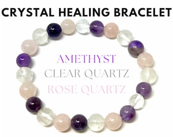 Crystal Healing Bracelet: Amethyst, Clear Quartz, & Rose Quartz Combo 8 mm Round Healing Crystals (Stretch Bracelet, Gemstone Bracelet)