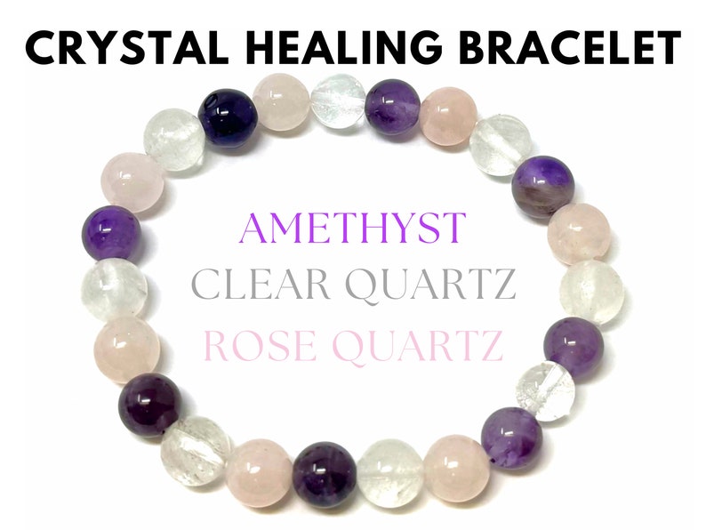 Crystal Healing Bracelet: Amethyst, Clear Quartz, & Rose Quartz Combo 8 mm Round Healing Crystals