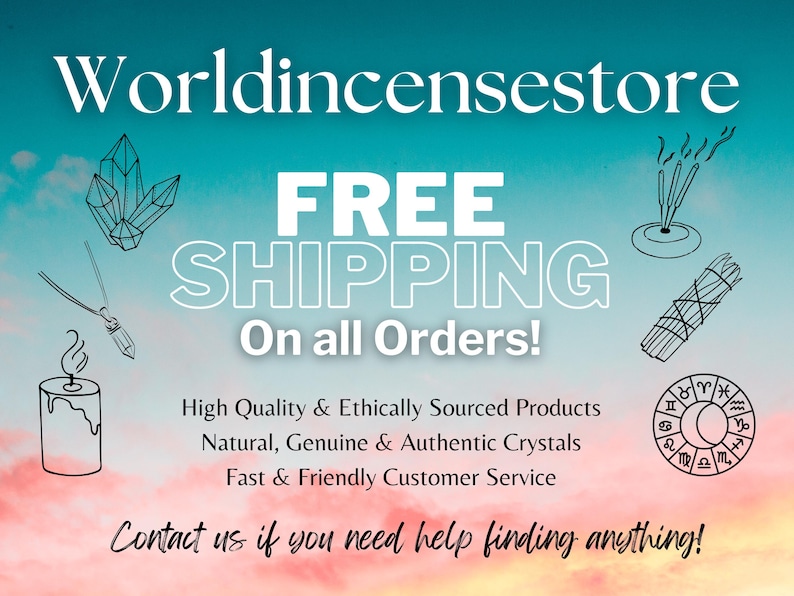 May include: An advertisement for Worldincensestore, with the text "FREE SHIPPING On all Orders!" and illustrations of crystals, incense, and a candle. The background transitions from teal to pink.