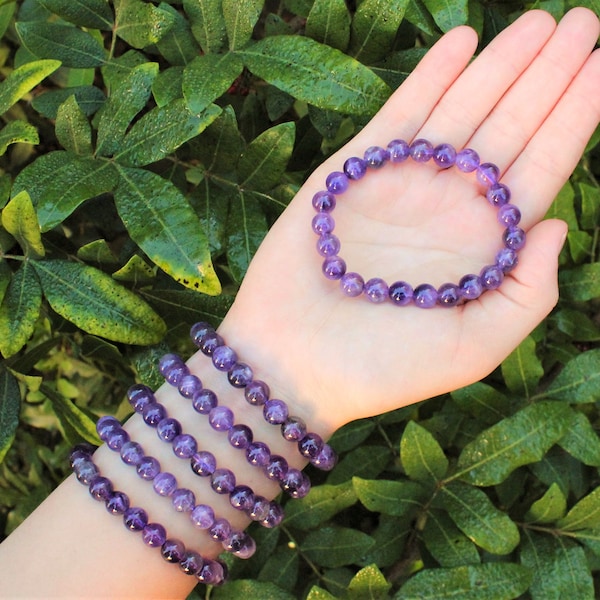 Amethyst Bead Bracelet: 6 mm or 8 mm Round Crystals (Premium Grade Stretch Gemstone Bracelet)