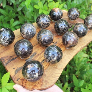 Black Moonstone Crystal Sphere with Stand, Large 2" Sphere ('AAA' Grade Black Moonstone Sphere, Home Decor Healing Crystal)