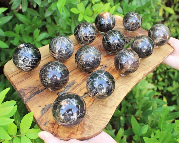 Black Moonstone Crystal Sphere with Stand, Large 1.5 - 2" Sphere ('AAA' Grade Black Moonstone Sphere, Home Decor Healing Crystal)