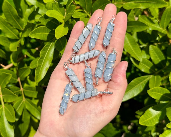 Angelite Spiral Wire Wrapped Point Pendant / Necklace (Angelite Point Pendant, Coil Wire Wrapped Angelite Point Necklace)