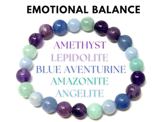 Emotional Balance Bracelet: Amazonite, Amethyst, Angelite, Blue Aventurine & Lepidolite 8 mm Round Centering Crystals (Gemstone Bracelet)