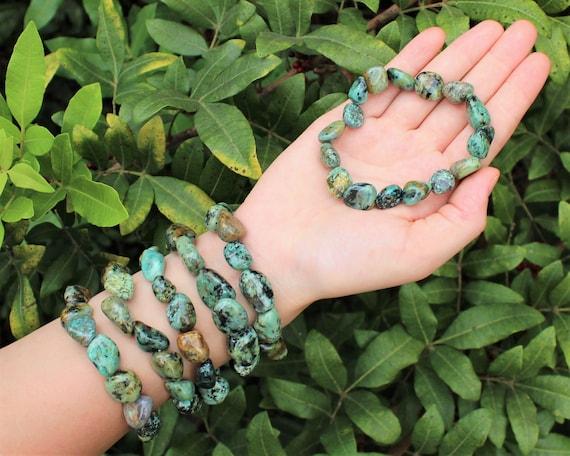 African Turquoise Tumbled Gemstone Bracelet: 6-8 mm Stones (Premium Grade Stretch Nugget Bracelet)