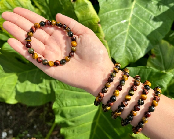 Mixed Tiger Eye Bracelet - Gold, Red & Blue Tiger Eye 8 mm Round Protection Crystals (Natural Tiger Eye Crystals, Gemstone Stretch Bracelet)