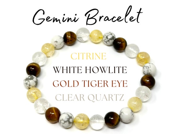 Gemini Zodiac Bracelet - Citrine, White Howlite, Clear Quartz & Gold Tiger Eye 8 mm Round Gemini Crystal Beads (Gemini Birthstone Bracelet)