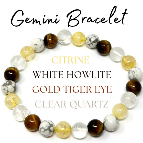 Gemini Zodiac Bracelet - Citrine, White Howlite, Clear Quartz & Gold Tiger Eye 8 mm Round Gemini Crystal Beads (Gemini Birthstone Bracelet)