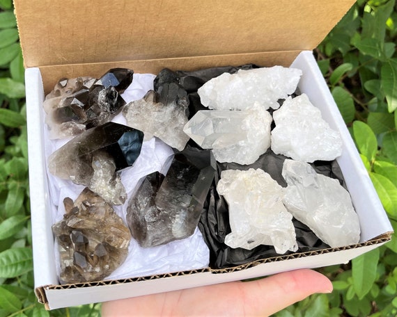 Smoky Quartz & Clear Quartz Crystal Cluster Box: 8 - 12 Piece Lot, Wholesale Bulk Clusters (Smokey Quartz, Quartz Crystal, Crystal Cluster)