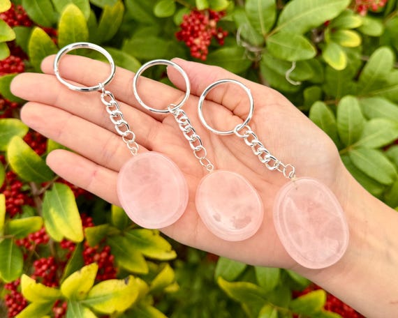 Rose Quartz Worry Stone Keychains - Polished Gemstone Keyrings