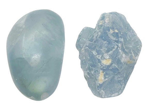 Celestite Rough Natural & Tumbled Stones Set - 2 Piece Combo Kit (Natural Raw Celestite + Tumbled Celestite Crystals)