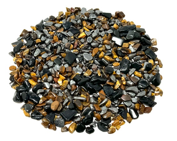 Triple Protection Chip Mix - Black Obsidian, Gold Tiger Eye & Hematite Semi Tumbled Gemstone Mini Chips 3 - 10 mm Wholesale Bulk Lots