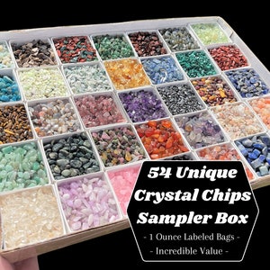 Gemstone Chips Sampler Box -  54 Unique 1 oz Lots of Crystals Chips - INCREDIBLE VALUE (Genuine Gemstone Crystal Chips Bulk Gift Box)