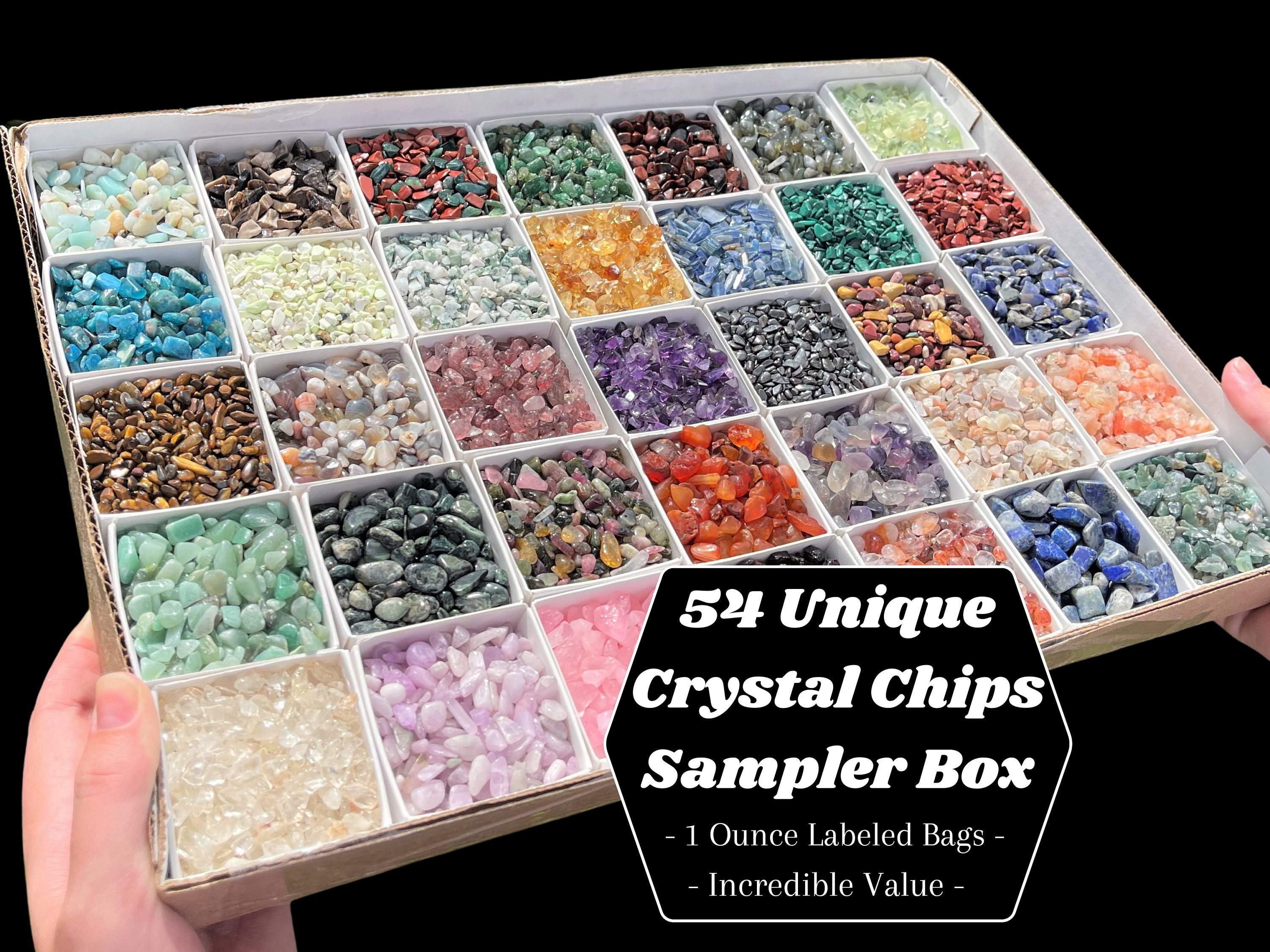 Gemstone Chips Sampler Gift Box - 1 Oz Lot of 54 Unique Crystal