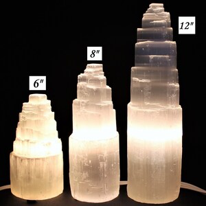 Selenite Crystal Lamp, HUGE Selenite Crystal Skyscraper Lamps: 6", 8", or 12" Complete with Cord & Bulb! (Natural Selenite Tower Home Decor)