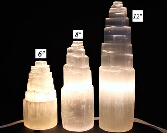 Selenite Crystal Lamp, HUGE Selenite Crystal Skyscraper Lamps: 6", 8", or 12" Complete with Cord & Bulb! (Natural Selenite Tower Home Decor)